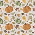 Seamless with pumpkin, autumn leaves, acorn and mushrooms